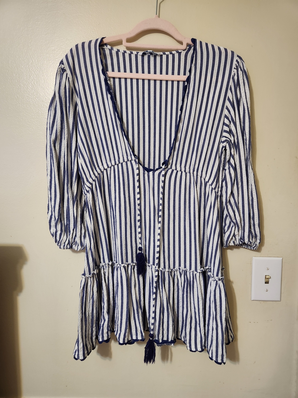 Striped V-Neck Peasant Tunic - Navy and White Medium